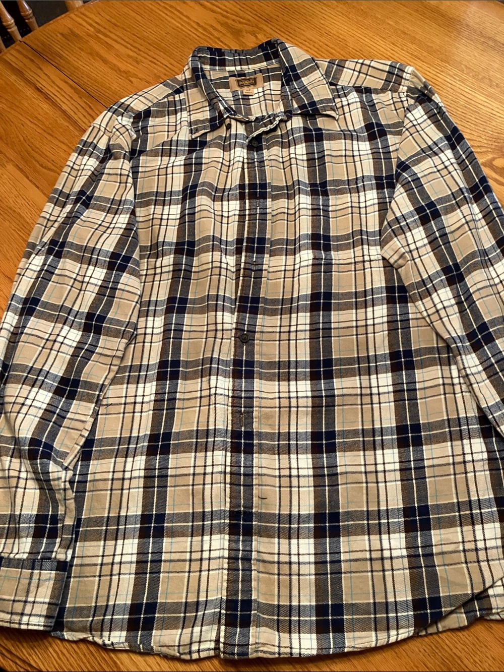 The Foundry Supply Co. Plaid Button-Down Shirt in Tan and Navy
